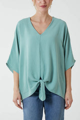 V-Neck Tie Front Blouse Half Sleeve Duck Egg