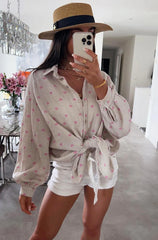Hearts Print Oversized Cotton Shirt in Stone