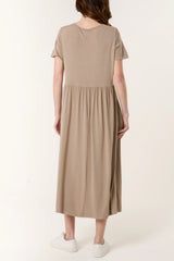 Round Neck Stretch Midi Dress Stone