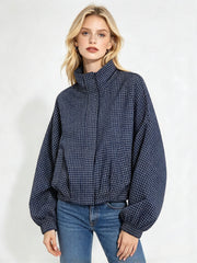 Cropped Gingham Bomber Jacket Navy