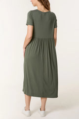 Round Neck Stretch Midi Dress Kahki