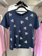 Multi Diamanté Heart Tee Navy