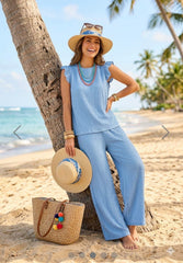 Frill Sleeve Crinkle Co-ord Blue