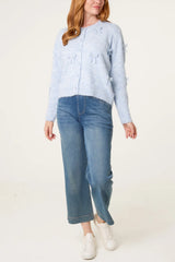 Bow Pearl Button Through Knit Cardigan Blue