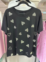 Multi Diamanté Heart Tee Black