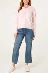 Bow Pearl Button Through Knit Cardigan Pink