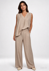 Textured V-Neck Wide-Leg Co-Ord Mushroom