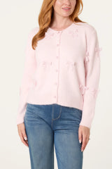 Bow Pearl Button Through Knit Cardigan Pink