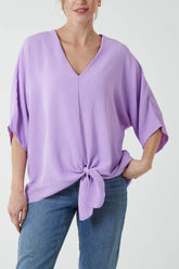 V-Neck Tie Front Blouse Half Sleeve Lilac