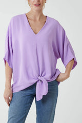 V-Neck Tie Front Blouse Half Sleeve Lilac