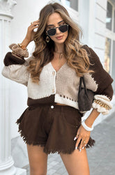 Colour Block Knitted Cardigan Brown