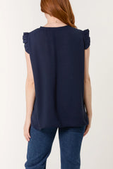 Frill Sleeve Necklace Top in Navy