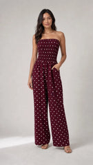 Polka Dot Strapless Wide-Leg Jumpsuit Wine