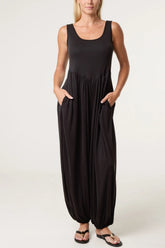 Fine Rib Stretch Harem Jumpsuit Black