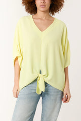 V-Neck Tie Front Blouse Half Sleeve Lemon