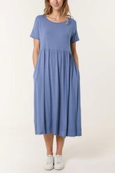 Round Neck Stretch Midi Dress Denim Blue