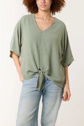 V-Neck Tie Front Blouse Half Sleeve Sage