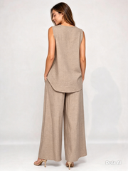 Textured V-Neck Wide-Leg Co-Ord Mushroom