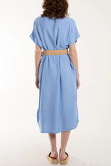 V-neck Belted Pocket Dress Blue