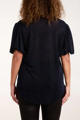 Glitter Lurex Ballon Sleeve Top Navy