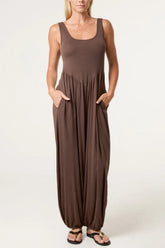 Fine Rib Stretch Harem Jumpsuit Brown