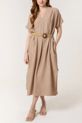 V-neck Belted Pocket Dress Mocha