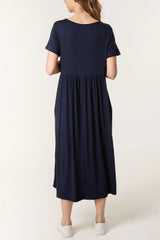 Round Neck Stretch Midi Dress Navy