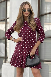 Frill Hem Spot Dress Wine