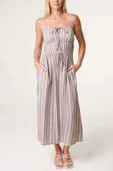 Pinstripe Double Tie Cami Dress Mocha