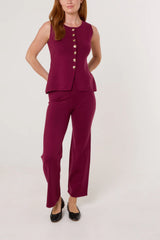 Gold Button Knitted Waistcoat & Trouser Set Berry