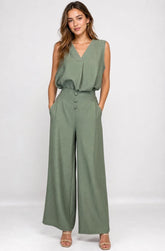 Textured V-Neck Wide-Leg Co-Ord Khaki
