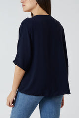 V-Neck Tie Front Blouse Half Sleeve Navy