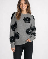Floral Embellished Crew Neck Knit Grey