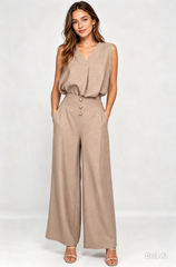 Textured V-Neck Wide-Leg Co-Ord Mushroom