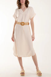 V-neck Belted Pocket Dress Cream