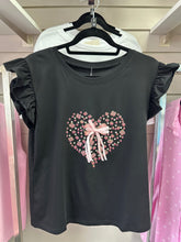 Frill Sleeve Heart Tee With Bow Black
