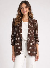 Polka Dot Ruched Sleeve Blazer Chocolate