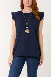 Frill Sleeve Necklace Top in Navy