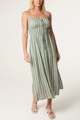 Pinstripe Double Tie Cami Dress Khaki