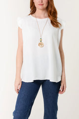 Frill Sleeve Necklace Top in White
