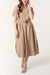V-neck Belted Pocket Dress Mocha