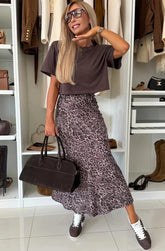 Satin Leopard Print Midaxi Skirt Mauve