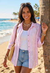 Oversized Leaf Print Cotton Shirt Pink