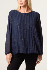 Glitter Pleated Long Sleeve Top Navy