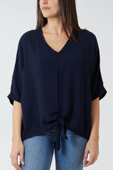 V-Neck Tie Front Blouse Half Sleeve Navy