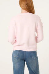 Bow Pearl Button Through Knit Cardigan Pink