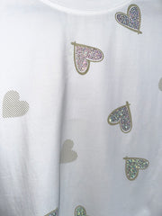 Multi Diamanté Heart Tee White