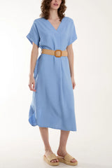 V-neck Belted Pocket Dress Blue