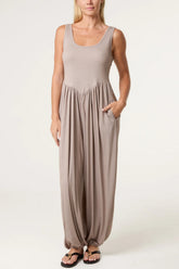 Fine Rib Stretch Harem Jumpsuit Taupe