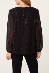 Glitter Pleated Long Sleeve Top Black
